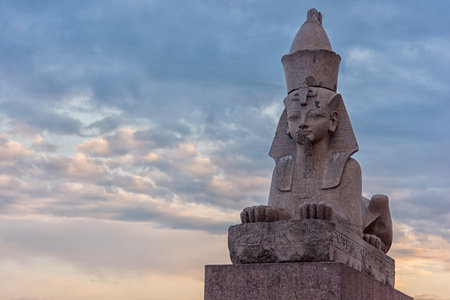 RUSSIA, SAINT PETERSBURG - AUGUST 15, 2021. Ancient Egyptian sphinxes on the University embankment in St. Petersburg Petersburgのeditorial素材