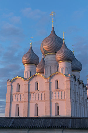 RUSSIA, ROSTOV VELIKY - July 12, 2019. Assumption Cathedral on the Cathedral Square of the Rostov Kremlin, summer evening, horizontal viewのeditorial素材