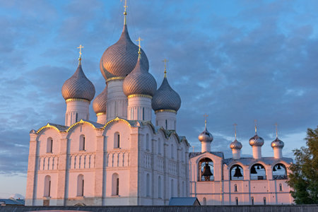 RUSSIA, ROSTOV VELIKY - July 12, 2019. View of the Assumption Cathedral and Belfry of the Assumption Cathedral on the Cathedral Square of the Rostov Kremlin, summer eveningのeditorial素材