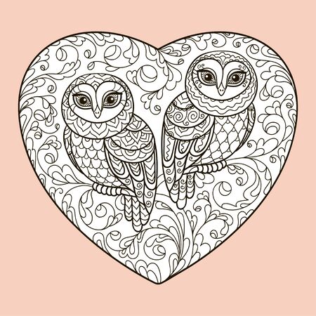 design elements, outline illustration, heart, owls, couple, leaves, wood, fantasy, valentines day, coloringのイラスト素材