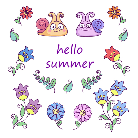 vector, abstraction, design element, illustration, set,  summer, flowers, leaves, snailのイラスト素材