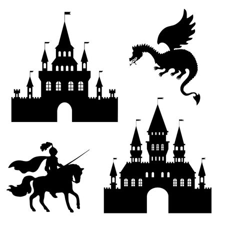 illustration silhouette of the castle, the knight and the dragonのイラスト素材