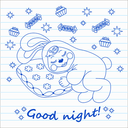 contour drawing on notebook sheet sleeping bunny, stars, wish good nightのイラスト素材