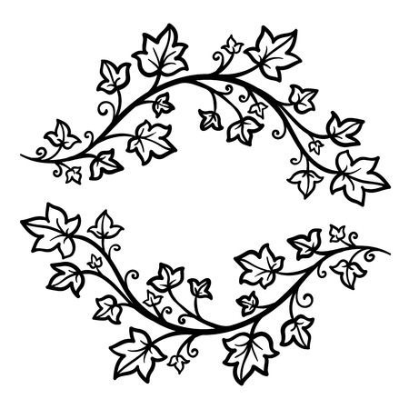 contour illustration, coloring book, frame, wreath of branches, interlacing, leaves, summer, forest, nature, tree, black and white illustration, abstraction, design elementのイラスト素材
