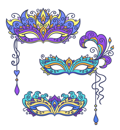 contour, illustration, mask, set, masquerade,  coloring book, theater, feathersのイラスト素材