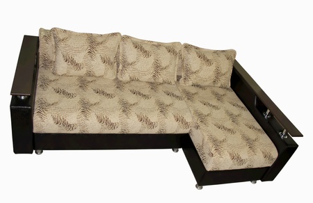 brown sofa isolated on white with pillowsの写真素材