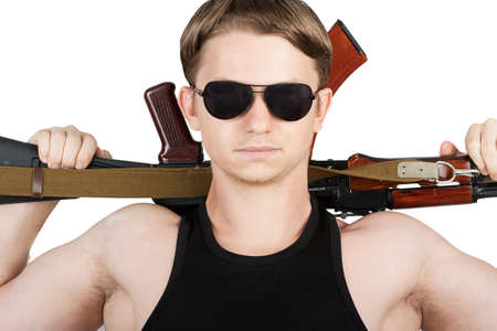 power man with Kalashnikov isolated on whiteの写真素材