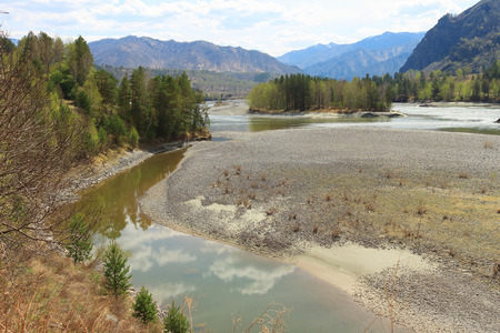 Stony coast of the mountain river in the springの写真素材