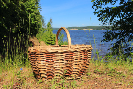The wattled basket is in a grass on the river bankの写真素材