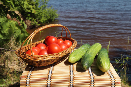 Vegetables and on a little table are in a basket on the river bankの写真素材