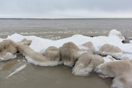 Ice formation on a river in autumn, Ob reservoir, Novosibirsk, Russia