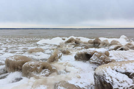 Ice formation on a river in autumn, Ob reservoir, Novosibirsk, Russiaの写真素材