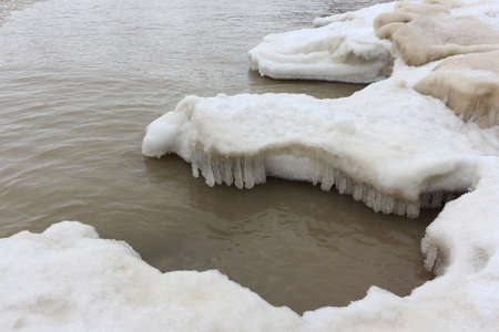 Ice formation on a river in autumn, Ob reservoir, Novosibirsk, Russiaの写真素材