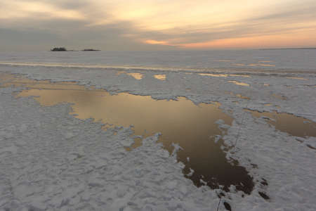 Sunset on the Ob reservoir in autumn, Novosibirsk, Russiaの写真素材