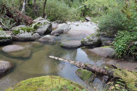 Belokurikha river on a summer day in the resort area of the Belokurikha city, Altai Territory, Russiaの写真素材