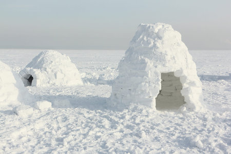 Igloo standing on a snowy reservoir in the winter, Novosibirsk, Russiaa