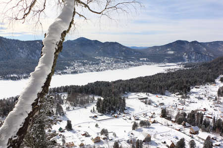 View of Lake Teletskoye and the source of the Biya River, the villages of Artybash and Iogach from Mount Tulun - Tuu Altai Republic, Russiaの写真素材