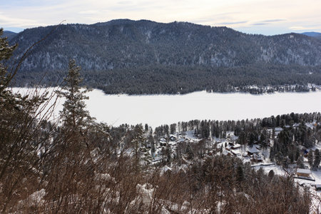 View of Lake Teletskoye from Mount Tulun - Tuu Altai Republic, Russiaの写真素材