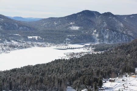 View of Lake Teletskoye and the source of the Biya River, the villages of Artybash and Iogach from Mount Tulun - Tuu Altai Republic, Russiaの写真素材