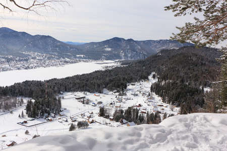 View of Lake Teletskoye and the source of the Biya River, the villages of Artybash and Iogach from Mount Tulun - Tuu Altai Republic, Russiaの写真素材
