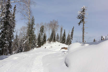 Snow trail to the top of Tulun-Tuu mountain, Altai Republic, Russiaの写真素材
