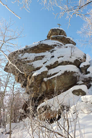 Rock Tserkovka with an Orthodox cross on top, Belokurikha city, Altai Territory, Russiaの写真素材