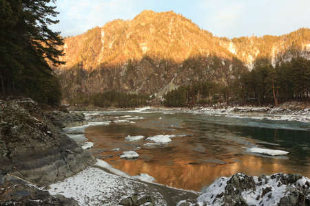 Sunset on the Katun River, Barangol village, Altai Republic, Russiaの写真素材