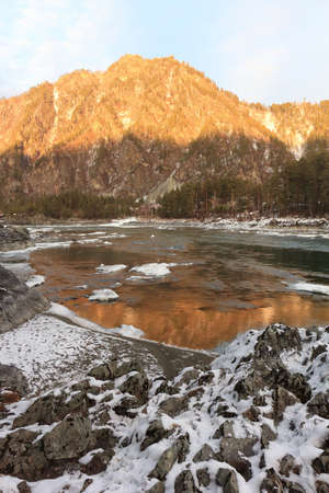 Sunset on the Katun River, Barangol village, Altai Republic, Russiaの写真素材