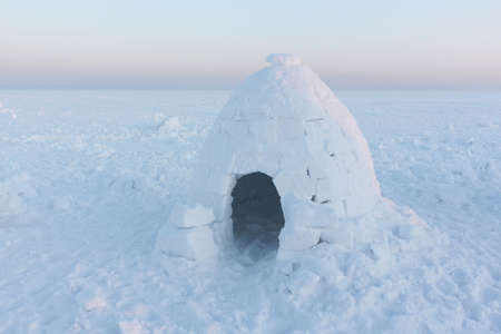 igloo on the snow in winter at sunset, Ob reservoir, Novosibirsk, Russiaの写真素材