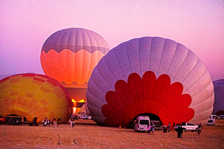 lying and rising balloons that inflate with gas before the flight before dawn in Cappadociaの写真素材