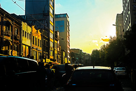 modern street with tram and cars travel horizontal