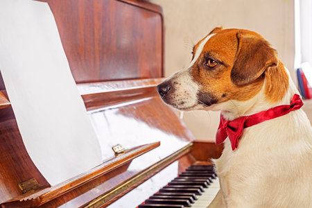 jack russell terrier with a red butterfly around his neck plays music on the piano, verticalの写真素材