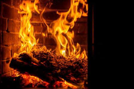 esoteric fire in a heated stone fireplace, horizontalの写真素材