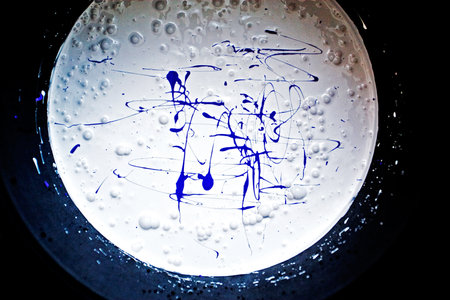 stir white paint with a violet pigment for painting wallsの写真素材