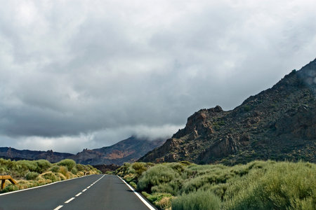 Road to foggy clouds on the Terek to the Teide volcano in Tenerife. natural backgroundの写真素材