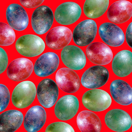 Easter patterned background with eggs on a red background. Christian holiday, isolateの写真素材