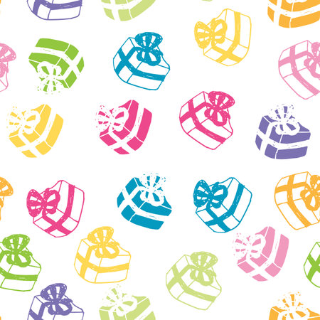 pattern with colorful gifts holiday packaging, surprise, vector illustration, wrapping paper on a white backgroundのイラスト素材