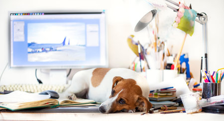 jack russell terrier lies on the desktop near the computer, horizontal