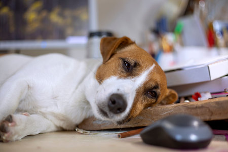 jack russell terrier sleeping on a desktop next to a computer mouse, lockdown