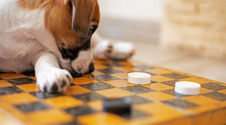 cute puppy jack russell terrier lies on a checkerboard and watches over plays checkers, horizontal