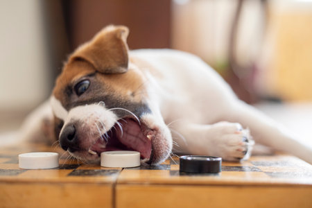 cute puppy jack russell terrier lies on a checkerboard and grabs a white checker for a move, horizontalの写真素材