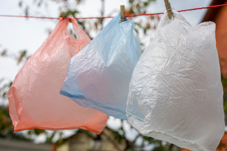 environmental pollution with disposable plastic bags, horizontalの写真素材