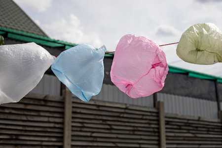 Plastic environmental pollution disposable bags, horizontalの写真素材