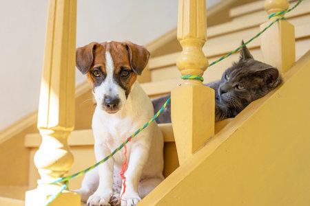 cute jack russell terrier with a gray cat sitting on the steps of a wooden staircase, horizontalの写真素材