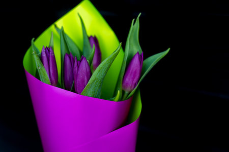 bouquet of lilac tulips in purple paper on a black background. mother's day, women's dayの写真素材