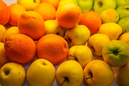 fresh green and yellow gold apples with orange juicy oranges. horizontalの写真素材