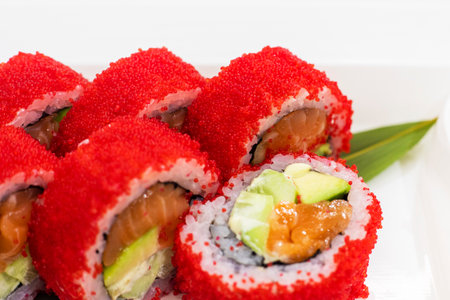 close-up of sushi with caviar, salmon and avocado pieces. Cateringの写真素材