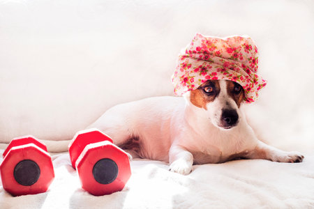 funny jack russell terrier in a turban near big red dumbbells before training. family sportsの写真素材