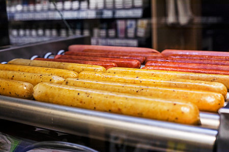 cook sausages for hot dogs at the gas station, horizontalの写真素材