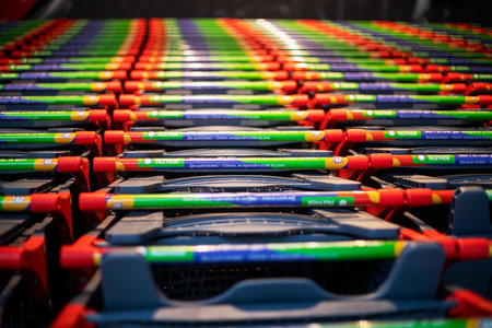 close-up background of shopping trolleys for goods from the supermarketの写真素材